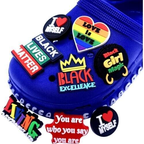 Wholesale 100PCS Living My Best Life Icon Shoes Charms For Kids Party Gifts BLM Series Hole Slipper Accessories Croc Buckles