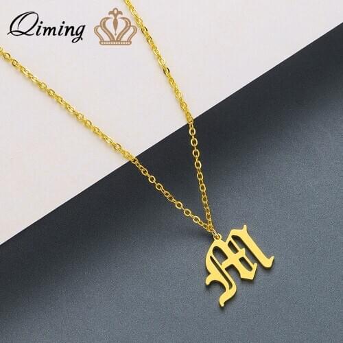 QIMING Stainless Steel M Letter Necklace For Women Ethnic Arabic Boho Jewelry Vintage Old English Necklaces Dropship