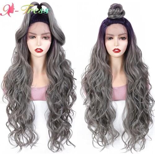 Synthetic Lace Front Wigs Ombre Pruple Gray Wig for Black Women Long Loose Wavy Moon Part Lace Wig X-TRESS Daily Cosplay Wigs