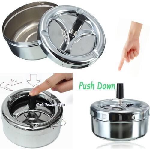 Stainless Steel Ashtray Spinning Plain Ashtray Cigarette Ash Tray Push Down Lid Smoking Accessories