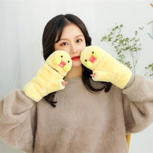 Soft Fashion Winter Warm Female Gloves Plus Velvet Thickened Cute Duck Cartoon Outfit Girls Christmas Gifts Girls Daily Gloves