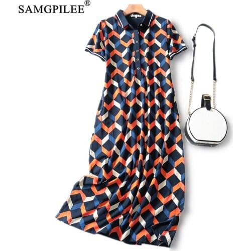 Maxi Dresses For Women 2020 Office Lady A-line Geometric Short Pockets Mid-calf Empire Polo Collar Summer Clothes For Women 3XL