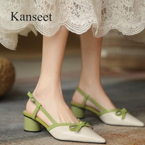 Kanseet 2021 New Women Shoes Summer Autumn Pointed Toe Butterfly-Knot Fashion Design Elegant Yellow Beige Mid Heels Sandals