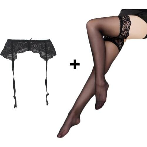 Sexy Garters Stockings Lace Sexy Plus size Bow Metal Clips/Buckles Garter Belt with Black stocking set for Women/Female/Lady