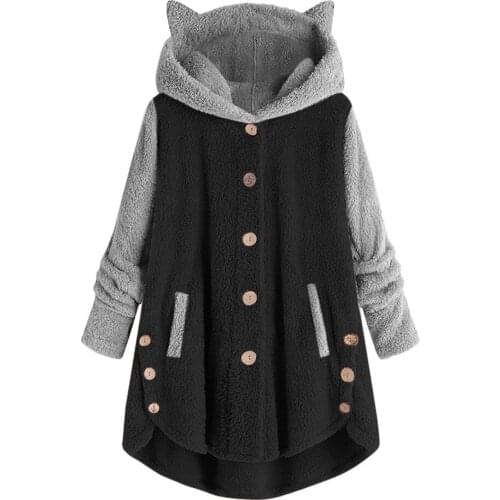 Hoodie Winter Warm Women Patchwork Hoodies Button Tops Cat Ears Hooded Pullover Sweatshirt Fleece Hoodie Streetwear
