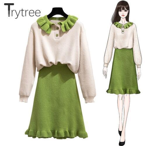 Trytree Autumn Winter Two piece set Casual O-neck Button Knitting Top + Skirt Elastic Waist Knee-Length Office Lady 2 Piece Set
