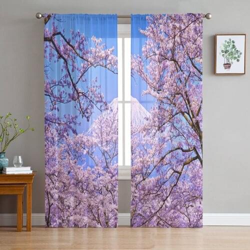 Mount Fuji Cherry Tree Pink Flowers Tulle Sheer Window Curtains for Living Room Bedroom Modern Tulle Voile Curtains Decoration