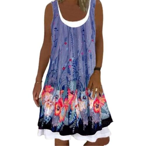 Vintage Casual Square Collar Dress Women Fashion Floral Print Loose A-Line Dress Sexy Summer Sleeveless Tanks Mini Dress 3XL