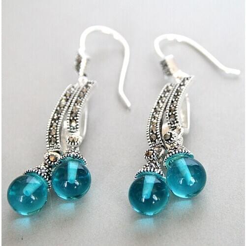 VINTAGE 925 SILVER BLUE OPALS jade MARCASITE DANGLE HOOK EARRINGS2 2/5"
