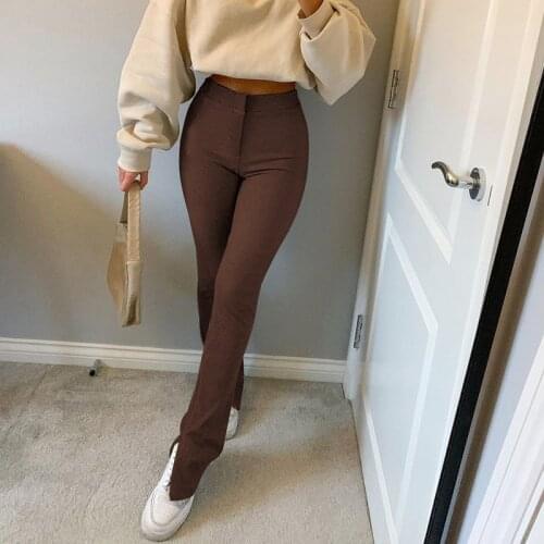 Womens Elastic High Waist Skinny Long Pants Solid Color Side Split Hem Flare Trousers Elegant Stretch Slim Leggings