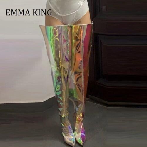 Women PVC Laser Over The Knee Boots Sexy Thin High Heels Boot Botas Mujer Pointed Toe Thigh High Lady Boots Shoes Women 2020