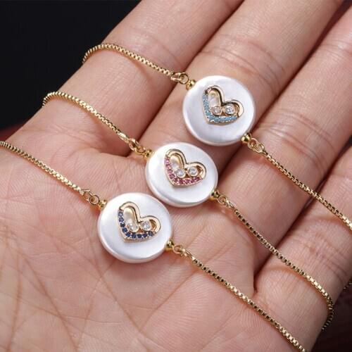 Multi white pink dark blue cz pave heart charm pearl double buckle bead gold link bracelet for women elegant gift for woman