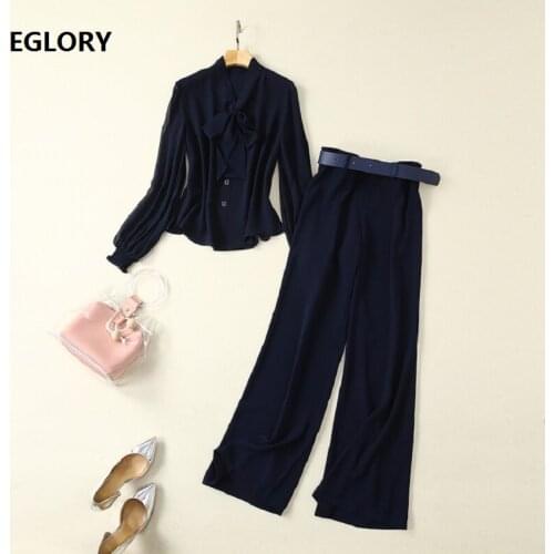 Top Quality Womens Set 2021 Spring Summer Business Suit Set Female Bow Tie Elegant Tops Shirt+Wide Leg Long Pant Set Work Suits