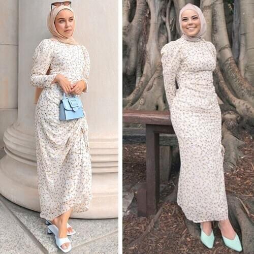 Abaya Muslim Women Printed Long Dress Slim Draped Design Islamic Ramadan Maxi Robe Long Sleeve Turkish Dubai Arab Vestido Kaftan