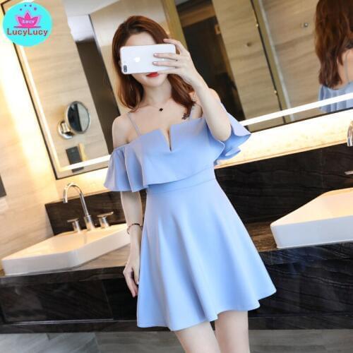 2021 summer new sexy ruffled low-cut big swing sling bar heart machine female cover belly female short dress Butterfly Sleeve