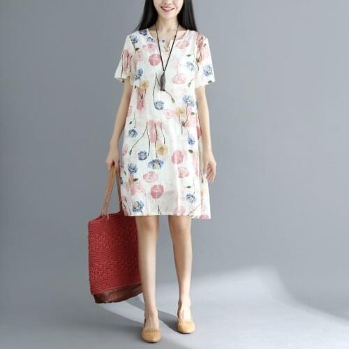 2021 cotton and linen womens short sleeve vestido qipao dress chinese style floral print chinese dress cheongsam qipao