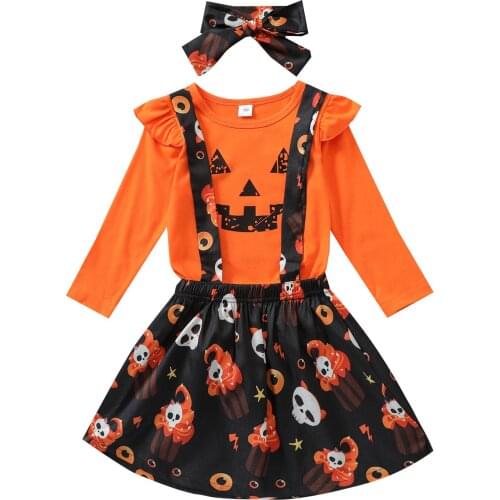 3Pcs Toddler Halloween Outfits, Frilly Long Sleeves T-Shirt + Skull Print Suspenders Skirt + Headband for Girls, 1-5 Years