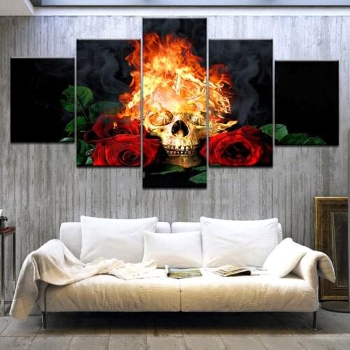 HD Prints Posters Wall Art Pictures 5 Pieces Terror skull flame Rose Canvas Painting Mural Living Room Home Restaurant bar Decor