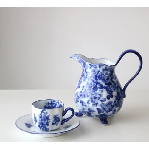 Ceramic Underglaze Color Retro Blue and White Peony Coffee Cup and Saucer/Afternoon Tea Tableware