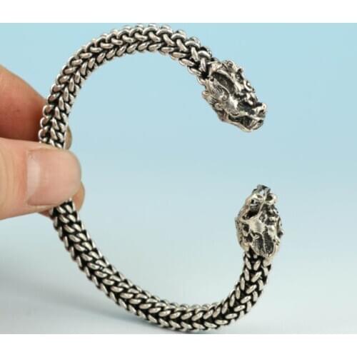 Chinese Old Copper Collectable Handwork Carved Dragon Head Statue Bracelet