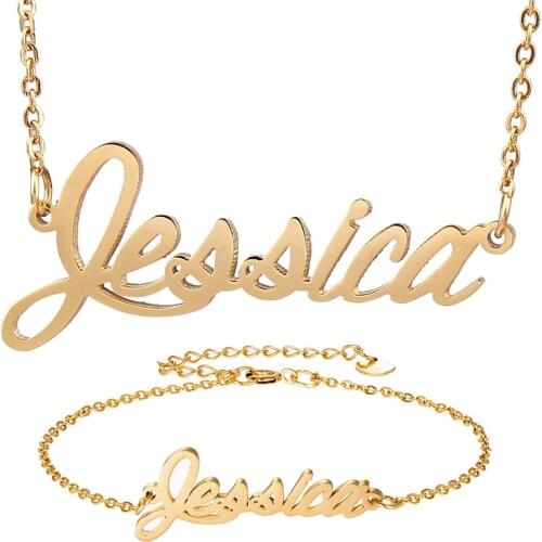 Fashion Stainless Steel Name Necklace + Bracelet Set " Jessica " Script Letter Gold Choker Chain Necklace Pendant Nameplate Gift