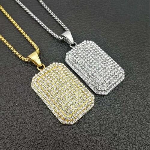 Iced Out Bling Full Rhinestone Square Pendants & Chain Stainless Steel Gold Color Mens Hip Hop Chic Street Jewelry Dropshipping