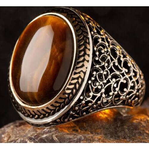 925 Sterling Silver Brown Tigereye Mens Ring Oval Stone Ring for Men Silver Ring