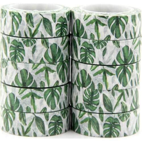 New 10pcs/set 15MM*10M Green Tree Leaves Washi Tape Wide Sticky Adhesive Tape Scrapbooking Album DIY Decorative Paper Tape