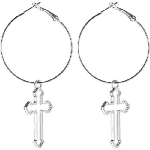 Punk Hollow Cross Pendant Dangle Earrings For Women Minimalist Silvery Color Round Circle Drop Earring Jewelry Gifts