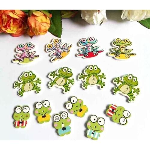 50PCs Fashion frog shape Wooden Buttons Mixed Painted Design Decorative Buttons for craft sewing accessories Flatblck Scrapbook