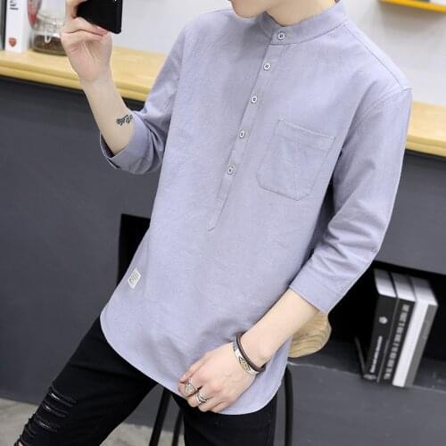 Quality 100% Cotton Men Shirt Summer Loose Breathable Thin Casual Shirt Men 3/4 Sleeve Stand Collar Solid Business Work Shirts