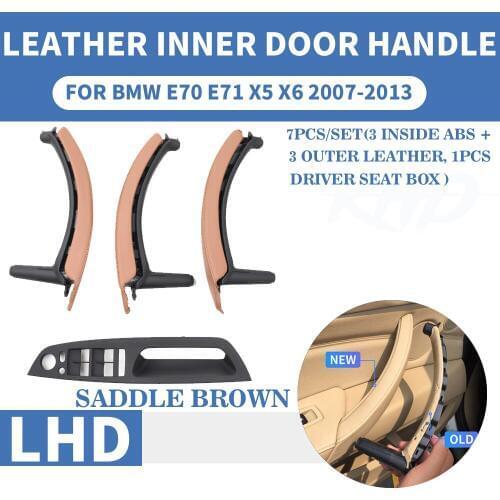 Saddle Brown Genuine Leather Car Front Rear / Left Right Interior Door Handle Inner Pull Trim Cover For BMW E70 E71 X5 X6 07-13