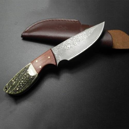 Outdoor knife Damascus steel knife Serve with double colour wooden handle Collect small straight knife
