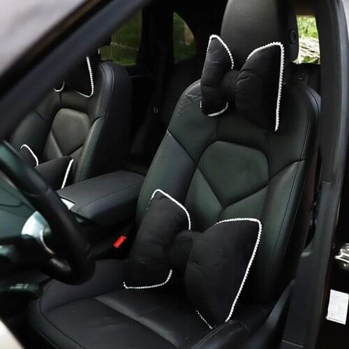 Bowknot Universal Car Headrest Neck Pillows Breathable Cute Velvet Waist Back Support Cushion Car Interior