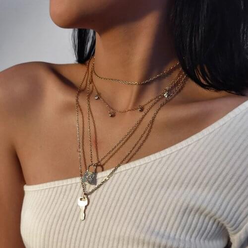 Vintage Chain Female Crystal Key Butterfly Carving Lock Pendant Necklaces For Women New Fashion Multilevel Necklace Jewelry Gift