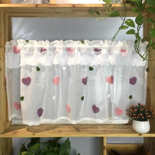 Embroidered Pink Love Short Curtain for Bookstore Cafe Hotel Pearl Valance Tie Lace Sheer Fabric Romantic Roman Drapes DL-m057C