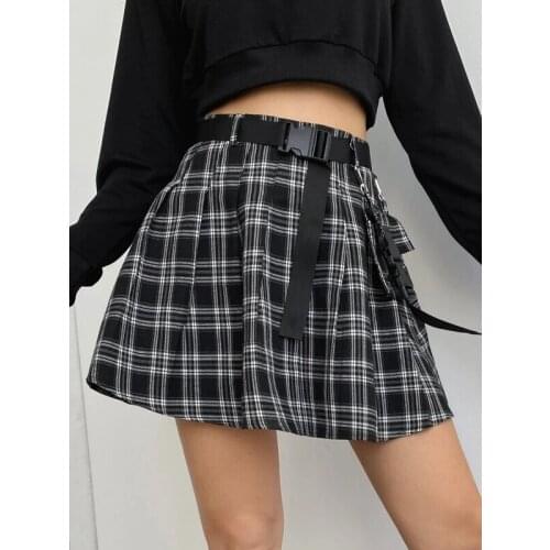 New Arrival All-Match Ladies High Waist Plaid Mini Skirt with Pleated Skirt Cute Girl Color Block Pleated Skirt with Belt Skirt