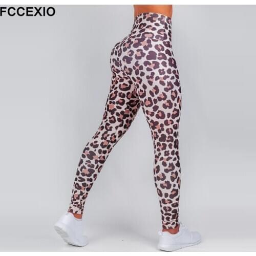 FCCEXIO Fitness Women High Waist New Leopard Grain Leggings Sportswear Workout Legging Push Up Women Elastic Force Legging