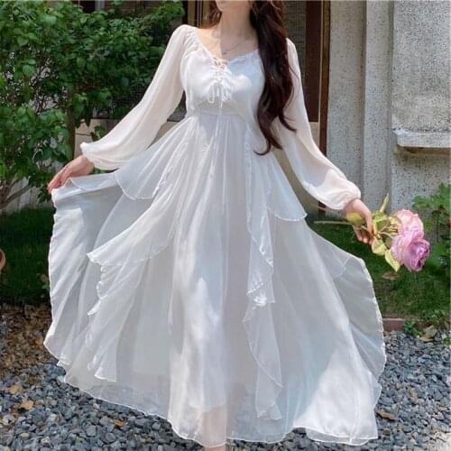 2021 Summer Women Maxi Long Sundress Suspenders White Apricot Ruffles Fairy Dress Elegant Feminine Holiday Beach Romantic Dress