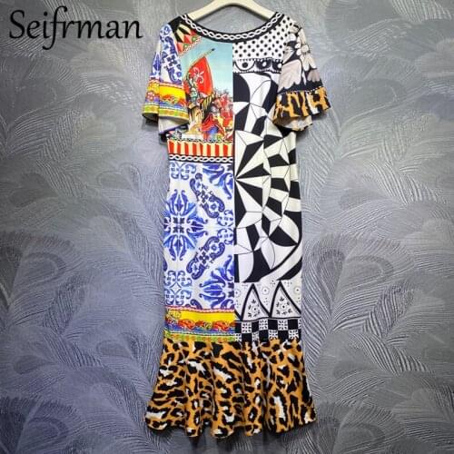 Seifrmann New 2021 Summer Women Fashion Runway Long Dress Butterfly Sleeve Vintage Dot Printed Ladies Elegant Dresses Vestidos