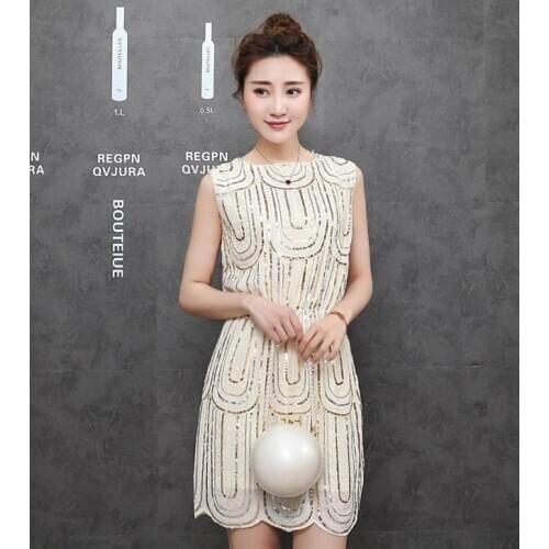 Summer Sleeveless Knee-length A-line Round Neck Sequin Simple White Black Pink Beige Elegant Fashion Party Women Cocktail Dress