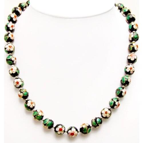 Qingmos Black Cloisonne Chokers Necklace for Women with 12mm Black Round Cloisonne & White Flower 20" Necklace Fine Newelry-6454