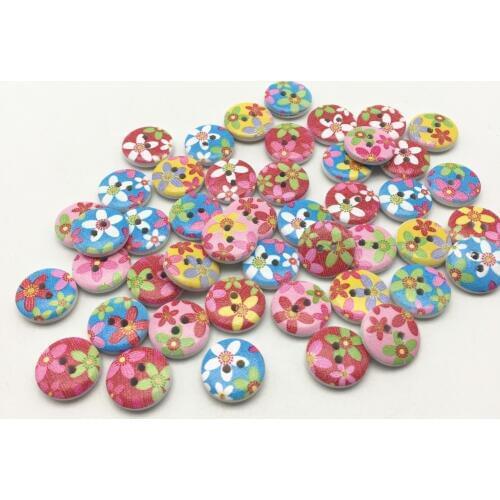 100pcs 15mm Wood Buttons 4 Colors Mixed Flowers Painted 2 Holes Round Sewing Button Embellishments Floral DIY Crafts Wholesale