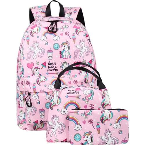3pcs/Set Girls Boys Canvas Unicorn Backpack Children Teens Waterproof Printing Laptop Computer Shoulders Bags Lunch Bag Pencil