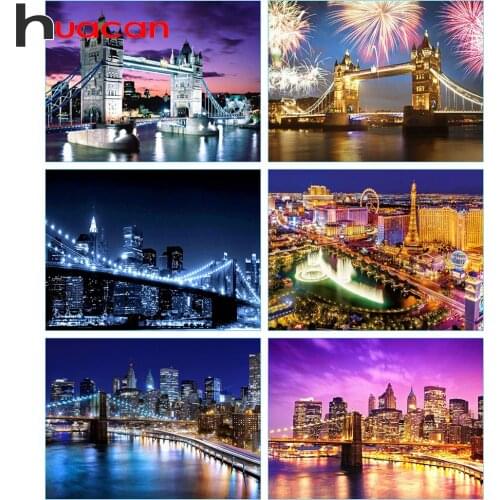 Huacan 5d Diamond Painting Full Drill Square Evening City Diamond Embroidery Mosaic Bridge Building Landscape Wall Decor