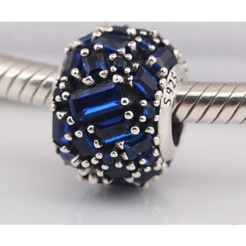 Authentic S925 Silver Bead Chiselled Elegance With Blue Crystal Charm fit Lady Bracelet Bangle DIY Jewelry