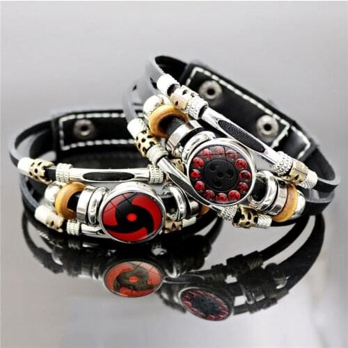 Shippuden Anime Snap Button Bracelet Uchiha Sasuke Icon Sharingan Eye Jewelry Cosplay Multilayer Black Leather Bracelets for Men