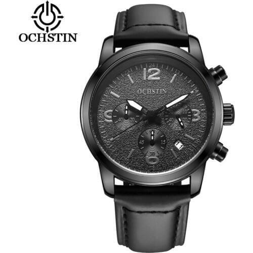 Men Watches Black OCHSTIN Band Sports Chronograph Military Male Leather Belt Dress Clock Luminous Date Hot Quartz Wrist Watch