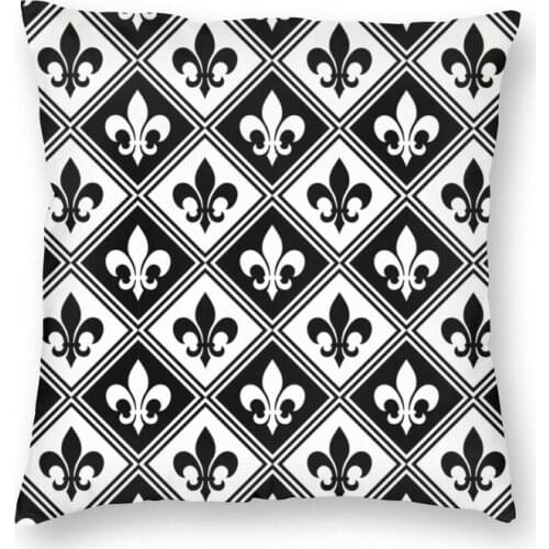 Black Fleur De Lis And Diamond Pattern Cushion Cover Sofa Decoration Fleur-De-Lys Lily Floral Square Throw Pillow Cover 45x45cm