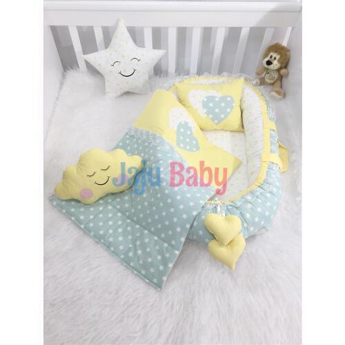 Jaju Babynest Green Star Patterned Luxury Orthopedic Baby Nest Set Baby Bed, Mothers Side